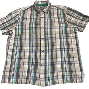 EUC Tommy Bahama Blue Gray Plaid Silk Short Sleeve Button Down Shirt - Size Larg